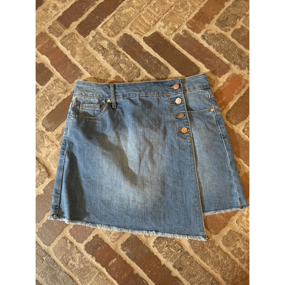 Energie Jean Skirt Sz 5 Juniors Wrap Raw Hem Light Stretch Denim‎ Asymmetrical
